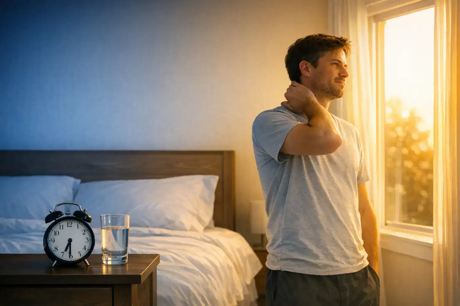 Adult by a sunrise window in a calm bedroom illustrates natural ways to fix circadian rhythm fast.