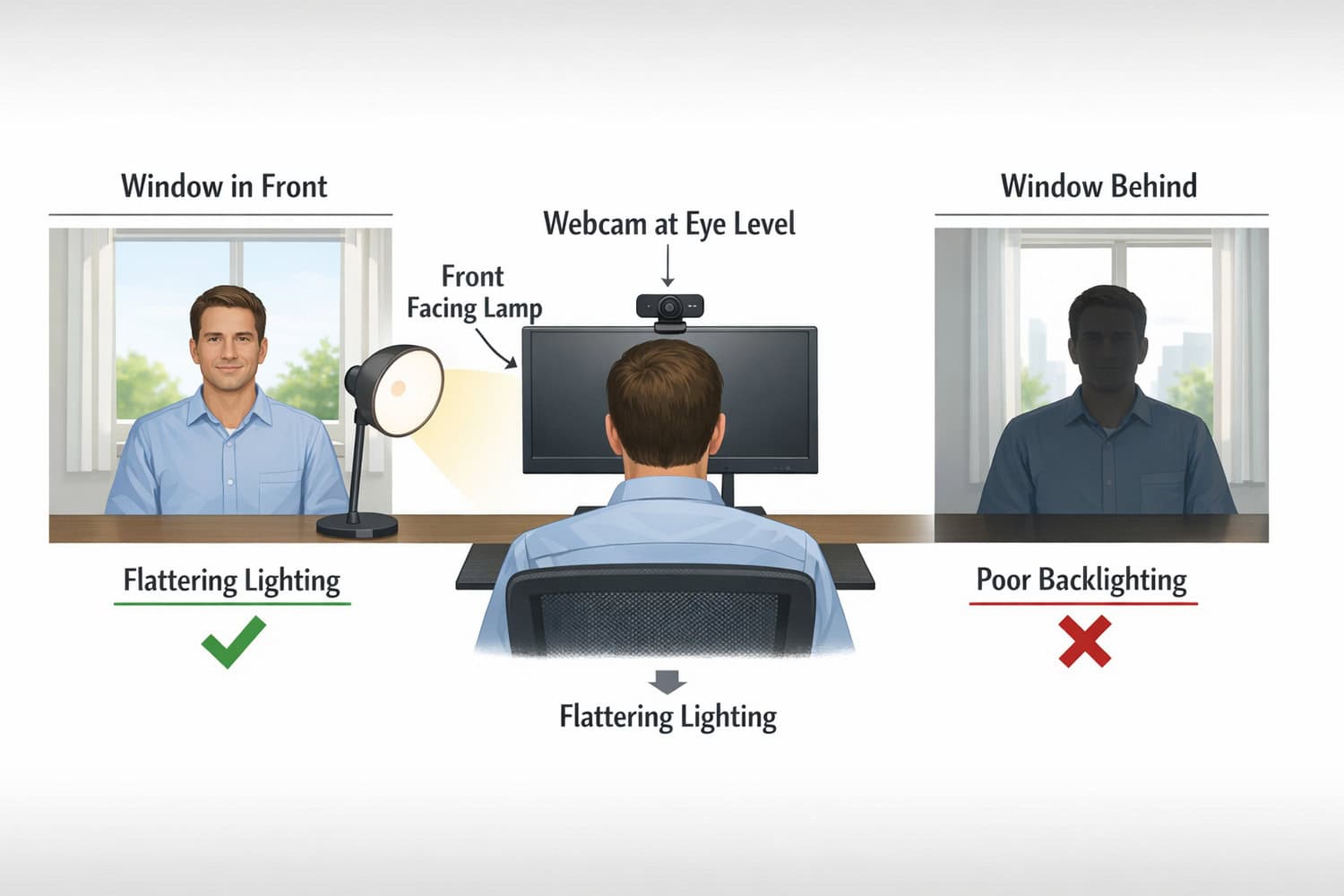 Diagram showing eye-level webcam placement and front lighting tips for the best webcams for remote meetings.