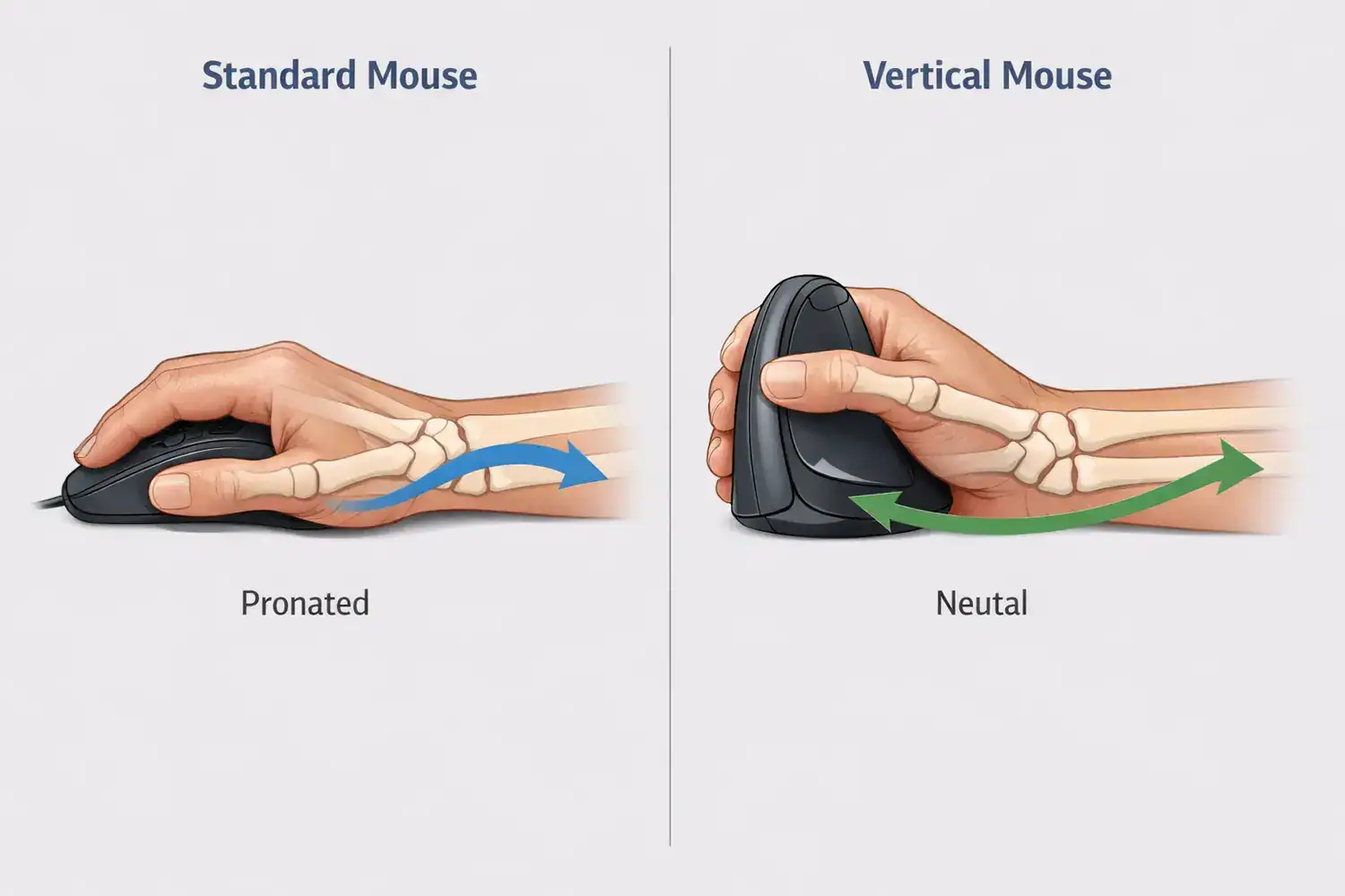 Infographic comparing standard mouse pronation with vertical mouse posture to show vertical mouse benefits for wrist pain.
