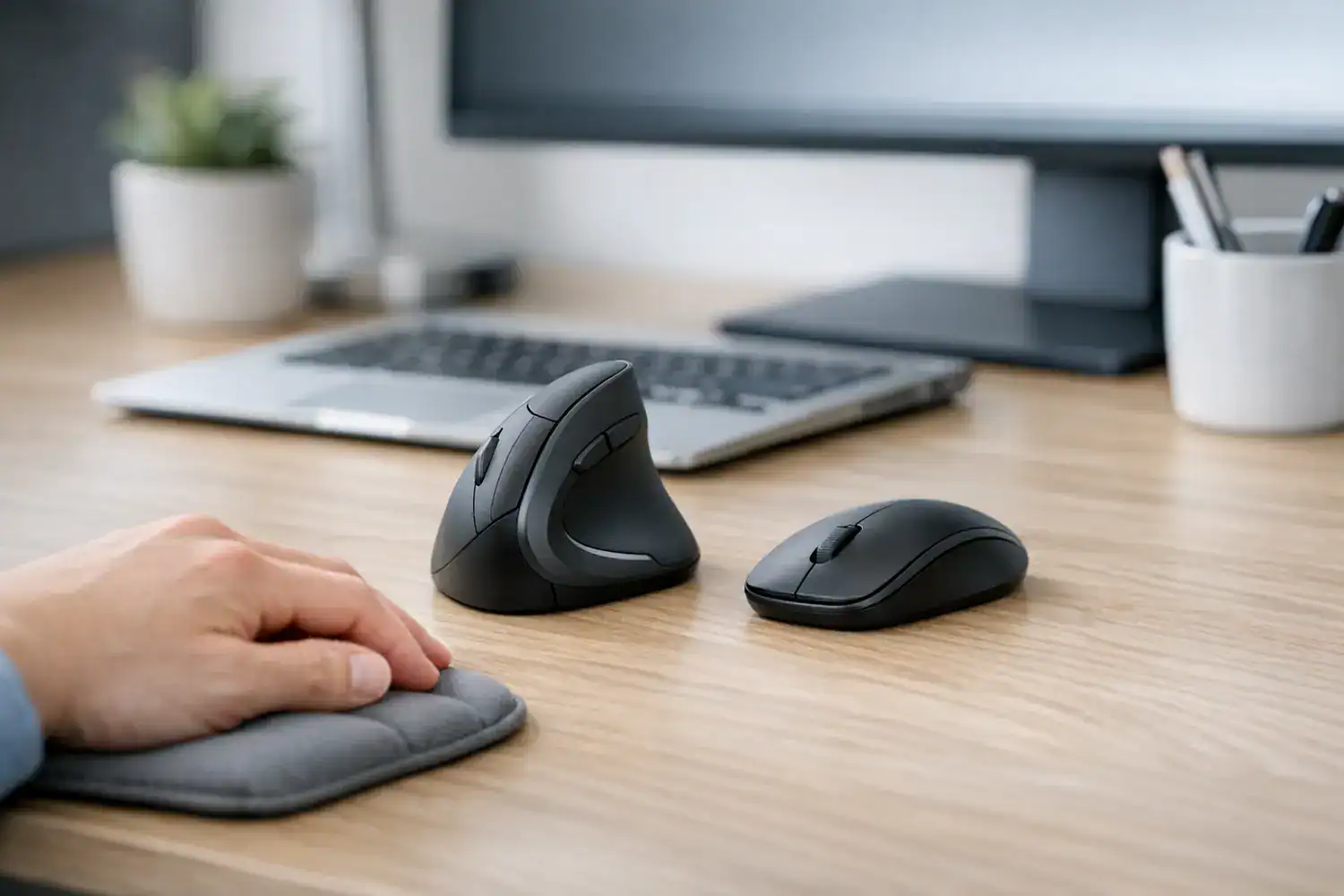 Home office desk with a vertical mouse beside a regular mouse, showing vertical mouse benefits for wrist pain.