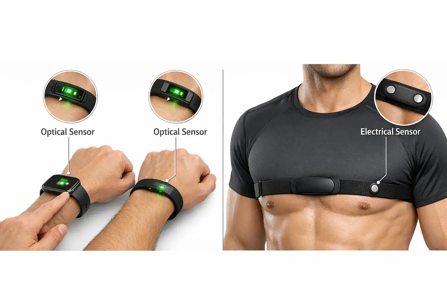 Best wearable heart rate monitors placement shown on wrists above the wrist bone and a chest strap positioned under workout clothing.